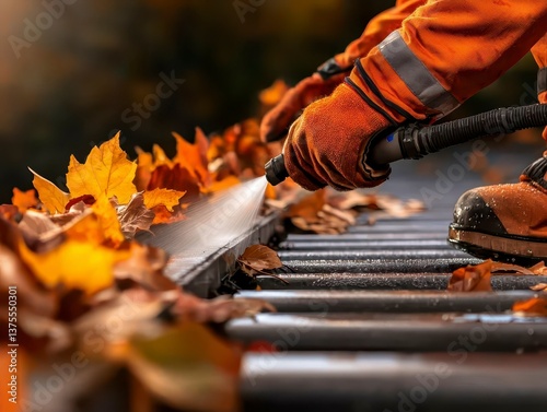 Worker using pressure washer on driveway high pressure water stream cleaning service concept autumn outdoor scene. Autumn driveway cleaning.