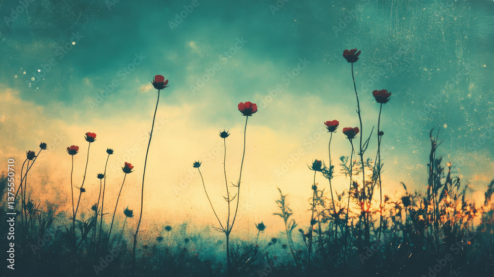 Obraz premium Silhouetted flowers against colorful sky at sunset