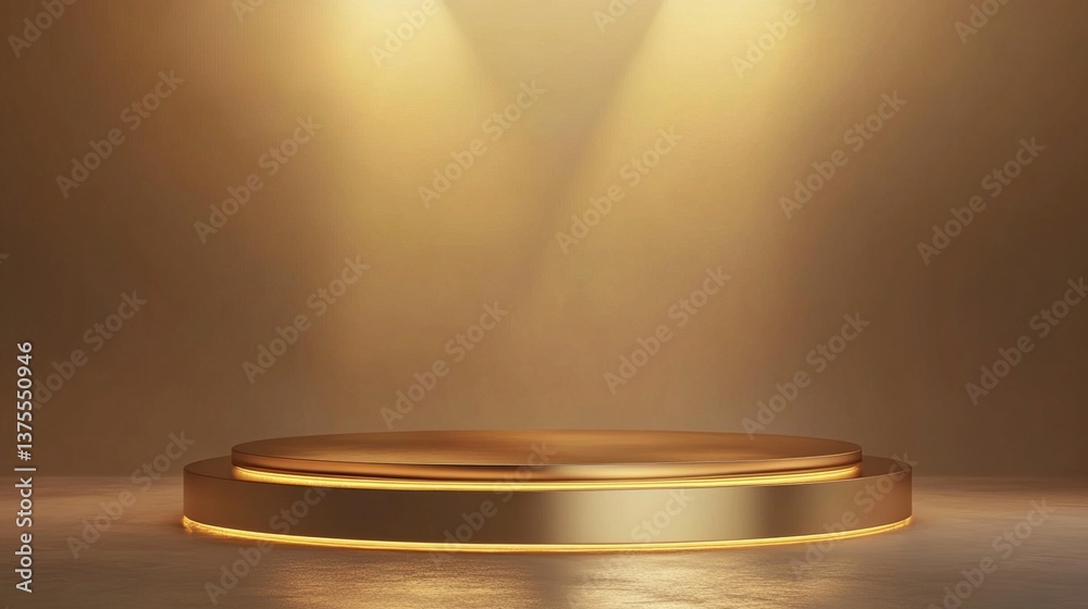 Golden Product Display Podium with Beige Fabric Backdrop Golden Product Display Podium with Beige Fabric Backdrop