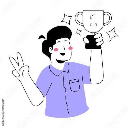 Achievement illustration: Joyful figure holds trophy, expressing elation and celebrating achievement with victory sign.