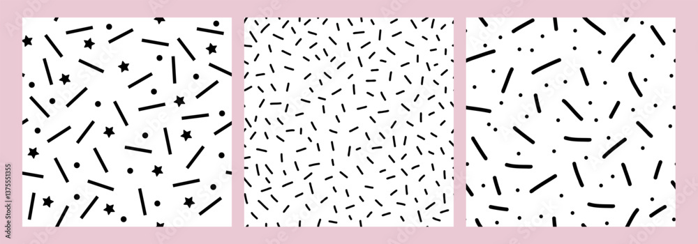 Set of seamless hand drawn black and white patterns with stars, dots, and brush strokes. Abstract minimalistic design for backgrounds, textiles, packaging, modern graphic projects. Vector illustration
