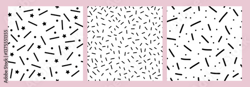 Obraz na płótnie Set of seamless hand drawn black and white patterns with stars, dots, and brush strokes. Abstract minimalistic design for backgrounds, textiles, packaging, modern graphic projects. Vector illustration w salonie