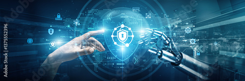 Tableau sur toile Hands of a robot and a human touch on network security symbolize collaboration in safeguarding systems