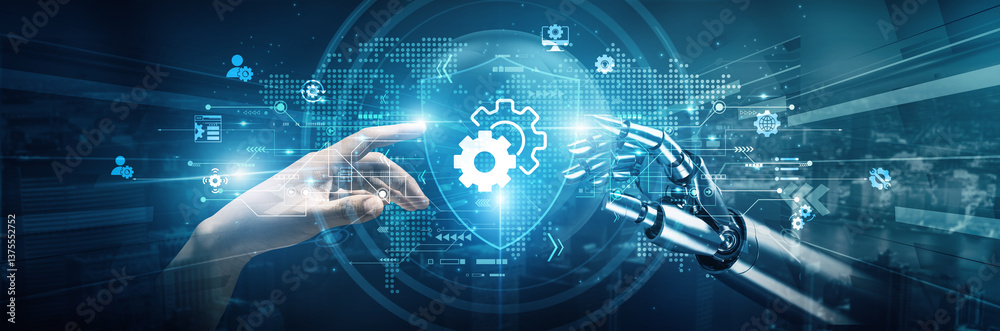 Hands of robot and human touch on Settings signify collaboration in optimizing configurations. Settings enhance adaptability integrate intuitive controls improve functionality ensure security support. Hands of robot and human touch on Settings signify collaboration in optimizing configurations. Settings enhance adaptability integrate intuitive controls improve functionality ensure security support.