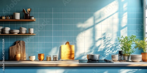 Wallpaper Mural Bright kitchen scene with blue tile backsplash and various kitchenware on shelves and countertops Torontodigital.ca