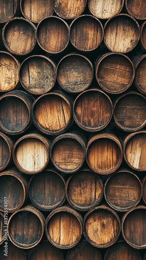 Wooden barrels stacked in a rustic warehouse with varying shades of brown and grain patterns Wooden barrels stacked in a rustic warehouse with varying shades of brown and grain patterns