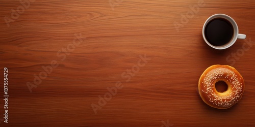 Cup of Black Coffee Next to Glazed Donut with Sprinkles on a Wooden Table Surface in a Relaxing Morning Setting