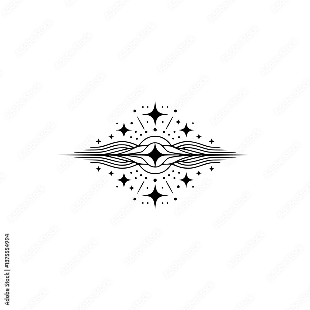 Fototapeta premium Minimalist Cosmic Design, Black Stars & Wavy Lines on White