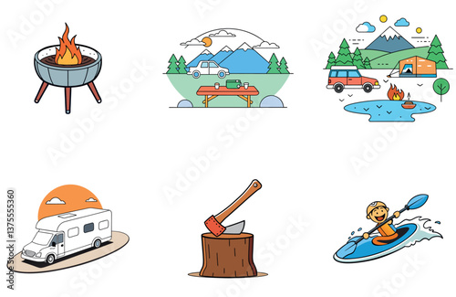 Camping Adventure. A Bundle of Summit and Safety Collection Icons