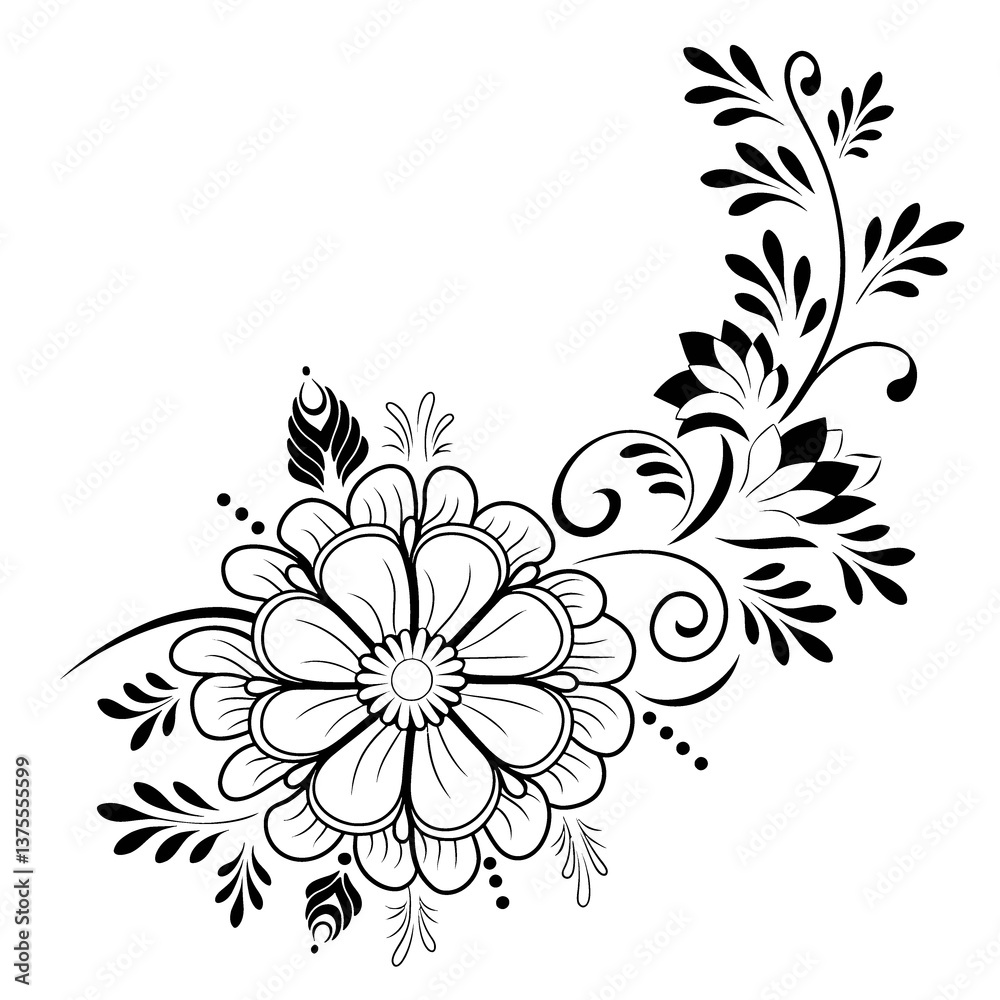 A black floral motif features intricate patterns of leaves and petals, forming an elegant corner design tattoo A black floral motif features intricate patterns of leaves and petals, forming an elegant corner design tattoo