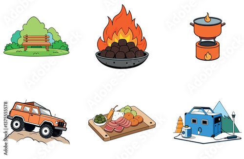 Camping Adventure. A Bundle of Survival and Resilience Collection Icons