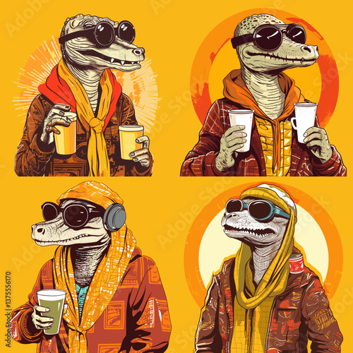 Trendy crocodiles wearing sunglasses, scarves, and jackets while holding coffee cups, illustrated in fun urban style. Perfect for fashion, street art, merchandise, and character design.

