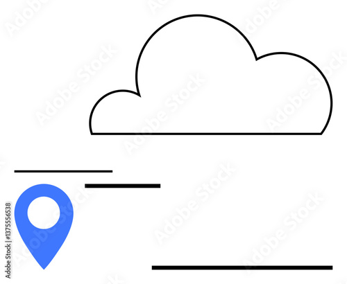Blue location marker with minimal lines beneath a cloud, indicating data syncing, geo-pin mapping, or cloud storage access. Ideal for cloud computing, data syncing, location technology, mapping
