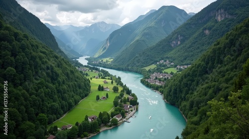 High-quality photo of Rhine Gorge (Ruinaulta) in Switzerland during midday, with cloudy conditions, taken from above, showcasing the vast, dramatic landscape.