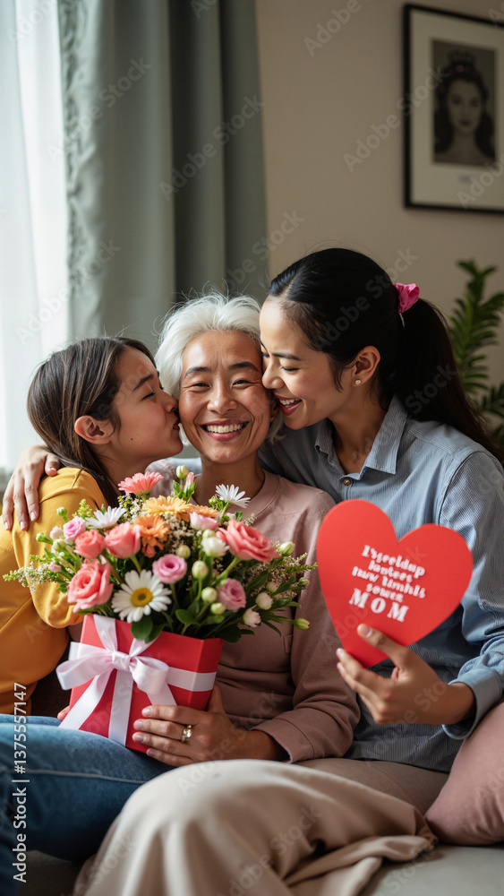 Heartwarming Mother's Day Embrace: Two Children with Their Asian Mother, Isolated on Transparent Background for Greeting Cards and Family Ads