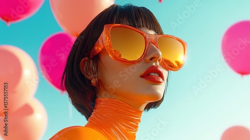 A striking portrait featuring a confident woman wearing oversized orange sunglasses against a backdrop of colorful balloons, radiating bold fashion and vibrant personality.