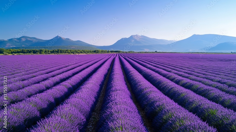 Lavender field with mountains under clear blue sky in aerial view Lavender field with mountains under clear blue sky in aerial view