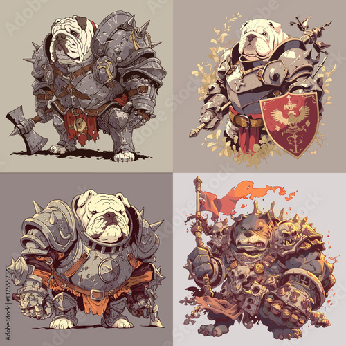 Bulldogs in heavy medieval armor with swords, shields, and axes, illustrated in epic fantasy warrior style. Ideal for gaming, fantasy art, character design, and storytelling visuals.

