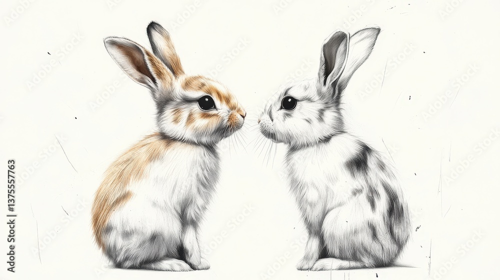 Obraz premium A beautifully detailed illustration of two adorable rabbits facing each other, representing themes of love, connection, and the beauty of nature in a charming, artistic style.
