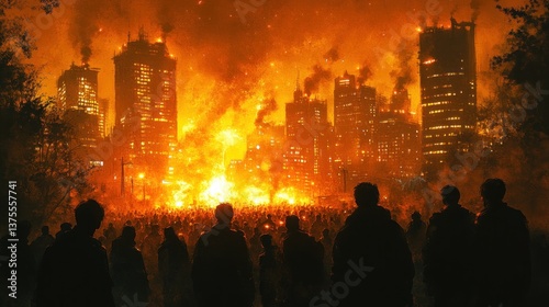 Protests and Demonstrations in Urban Unrest Clashing with Police in a Chaotic Crowd Scene