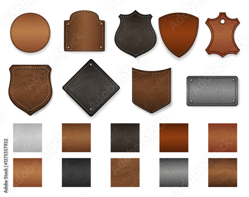 Realistic leather patches set. Vector isolated various shaped tags with stitches. Vintage badges from genuine skin with seams. Round, square and rectangle shape calfskin material samples