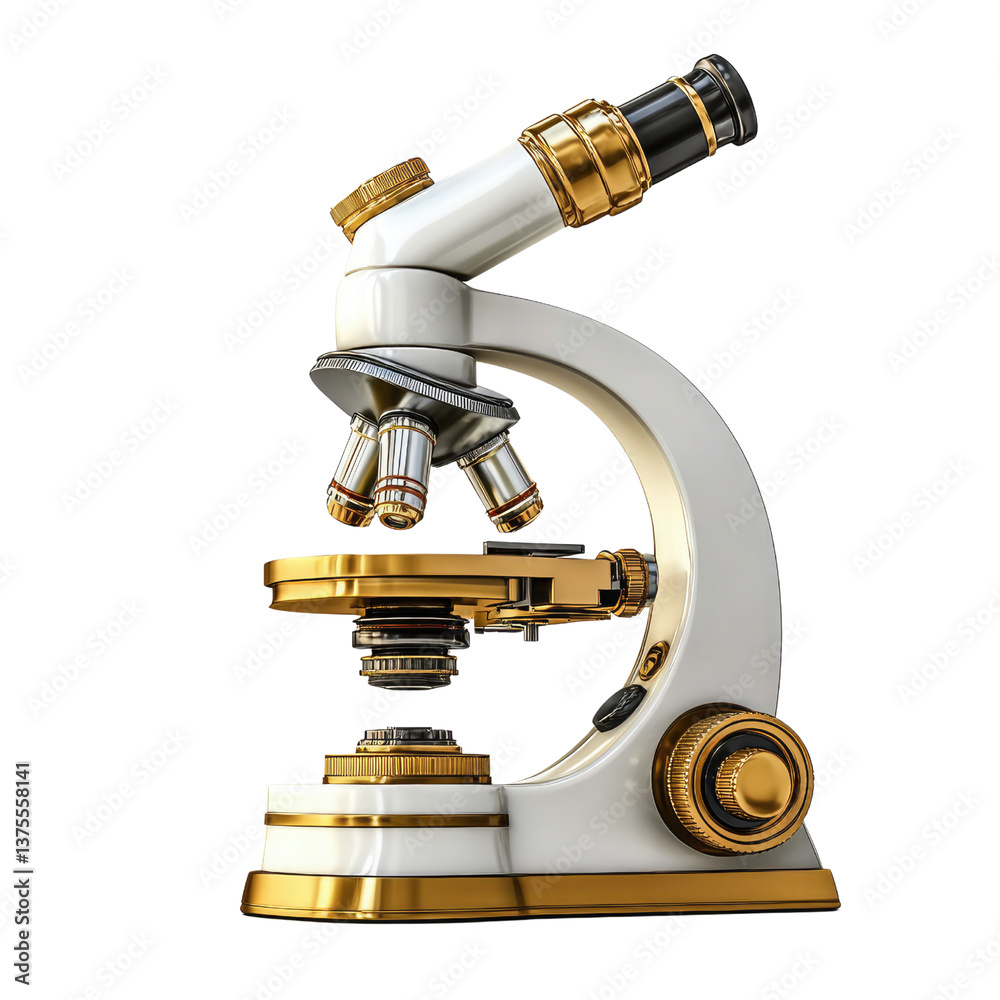 A gleaming gold and white microscope, a symbol of scientific discovery and exploration, ready to unveil the universe's hidden wonders in sharp detail. A gleaming gold and white microscope, a symbol of scientific discovery and exploration, ready to unveil the universe's hidden wonders in sharp detail.