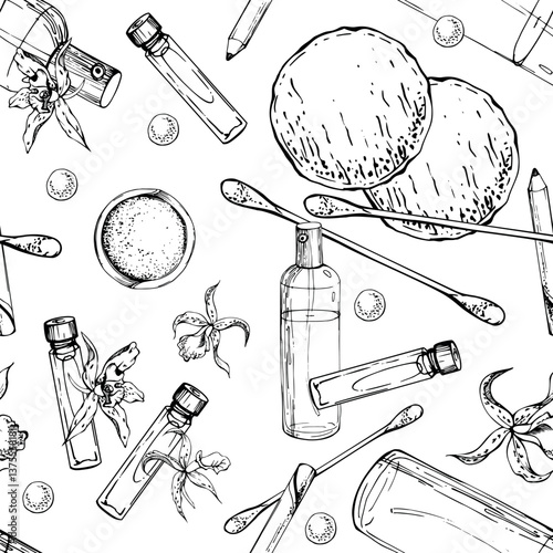 Spray mist bottle perfume samplers, cotton pad swab q-tip, bath gel shampoo, exotic orchid flowers. Isolated seamless pattern. Vector hand drawn ink sketch. Beauty parlor illustration, cosmetics shop.