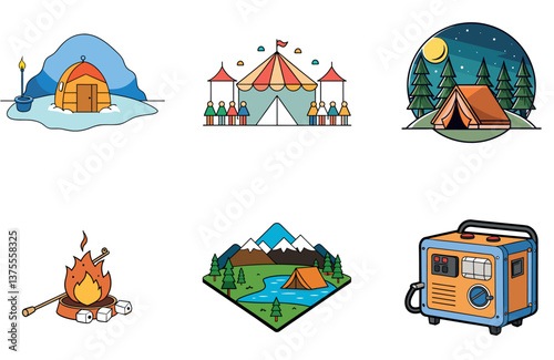 Camping Escape. A Bundle of Serenity and Sunset Glow Collection Icons