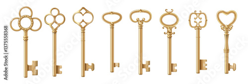 Gold coated realistic keys set with luxury designs. Vector vintage metal devices with notched blade. Various shapes and sizes of passkey collection. Simple retro design of golden lockpicks