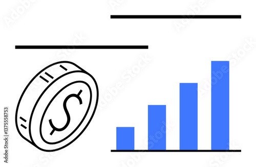 Coin with dollar sign beside ascending blue bar chart. Ideal for finance, investments, business analytics, economic growth, market trends, profitability, abstract line flat metaphor