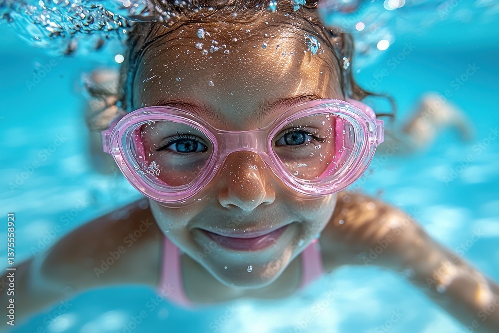 Fototapeta premium Young girl smiling underwater wearing pink goggles in clear swimming pool