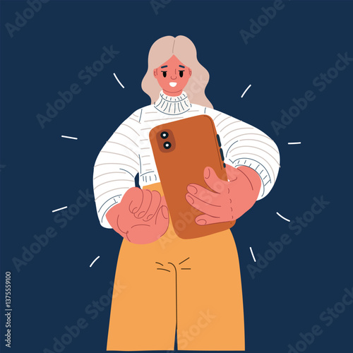 Cartoon vector illustration of a woman snapping a photo of you with her smartphone, capturing memories, and embracing digital photography and social media culture.