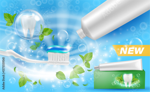 Dental care, toothpaste or brush advertising. Vector realistic paste with copy space for branding. Cleanliness and freshness from mint. Sparkles and bubbles, gel for healthy gums and mouth