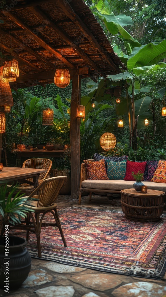 Obraz premium Serene Retreat: An inviting patio or terrace setting, adorned with soft light, comfortable seating, and lush greenery. The cozy ambiance and inviting decor create a sense of serenity and relaxation.