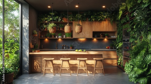 Serene Kitchen Oasis: A modern kitchen merges seamlessly with nature, boasting wooden cabinetry, lush greenery, and a tranquil atmosphere, creating a harmonious blend of indoor and outdoor living.