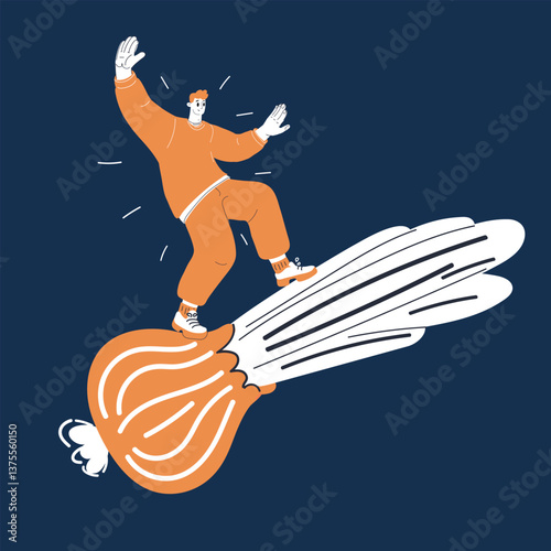 Cartoon vector illustration of a man soaring through the sky on a giant onion, symbolizing a fearless spirit, playful adventure, and an embrace of life's whimsical moments.