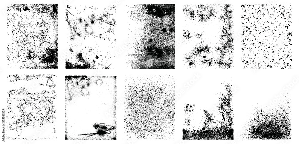 Distressed black and white grunge overlay texture. Vector set of frames or filters with old effect, vintage or retro weathered background. Drop ink splashes, torn or damage, scratches on wall