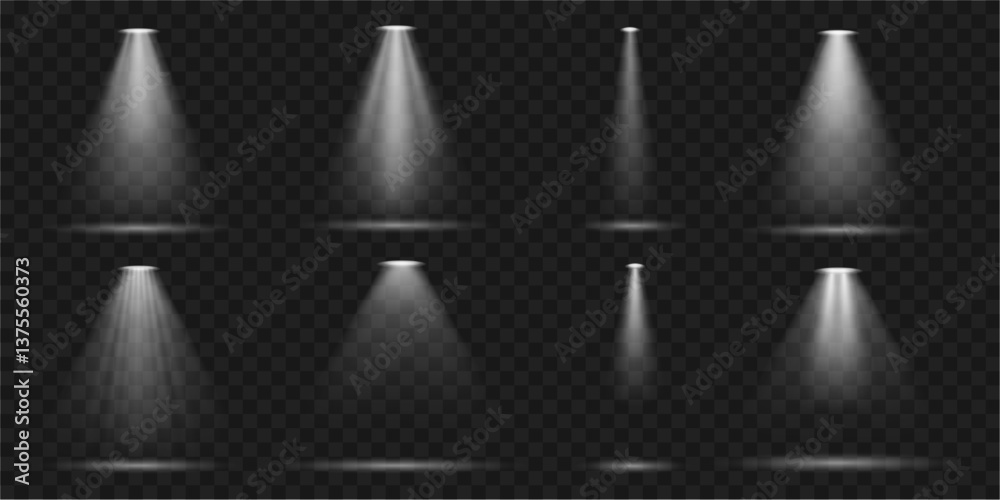 Light from spotlight, soft illumination from bulb. Vector realistic style sparkle isolated on transparent background. Projector or theater scene illuminating, glowing natural bright rays
