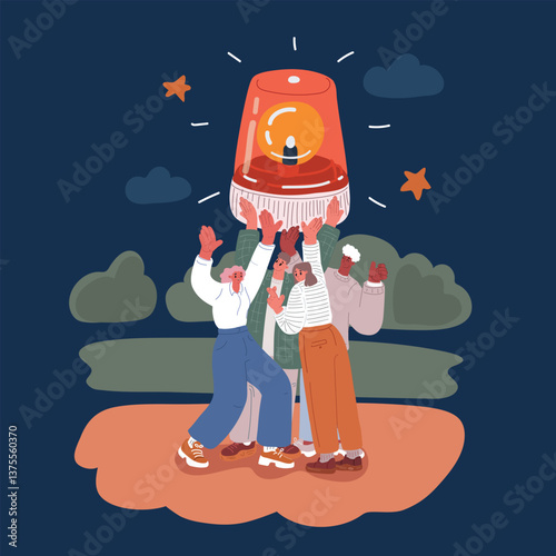 Cartoon vector illustration of individuals working together to operate a large emergency siren, symbolizing teamwork, alertness, and collective vigilance in crisis situations.