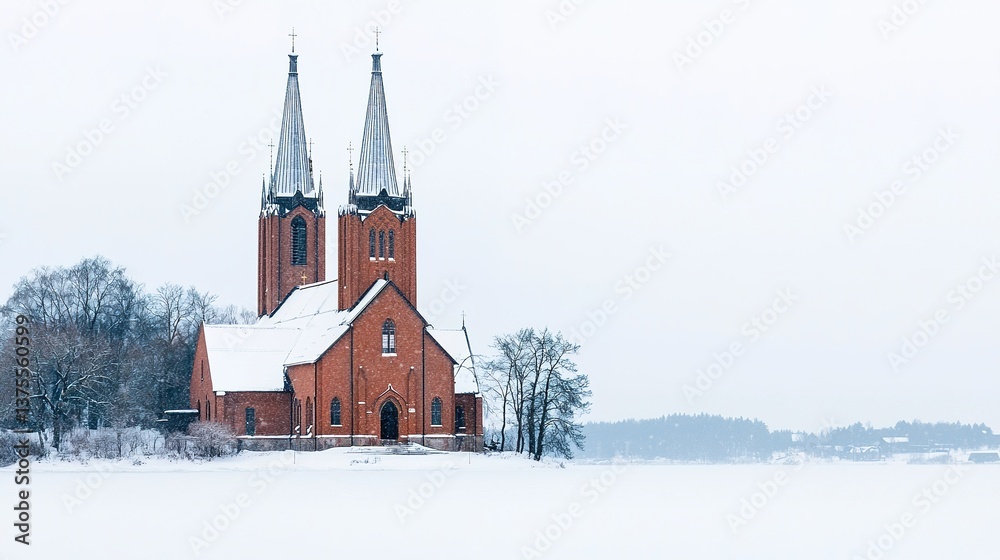 Fototapeta premium Majestic gothic church amidst winter landscape sweden architecture serene environment wide-angle view