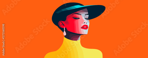 Vibrant abstract portrait of woman wearing hat and earrings with bold colors - vector.