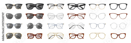 Sunglasses and glasses with optical lenses for correction poor eyesight, isolated collection of eyeglasses. Vector variety and types of accessories and frames. Men, women and unisex style