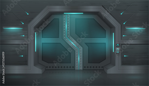 Gateway of spaceship or cosmos shuttle. Vector realistic style, entrance or exit from bunker. Game design of interior of secret laboratory. Doorway or corridor with metal protection and lights