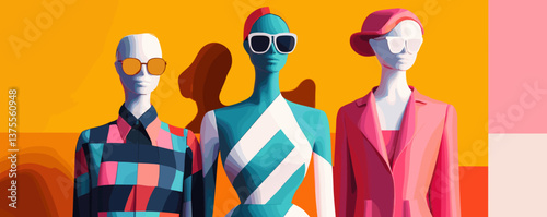 Fashionable mannequins in bold geometric outfits and sunglasses on bright background - vector.