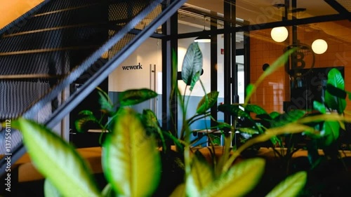 View of we work office interior with plants and glass doors and the staircase in the foreground photo