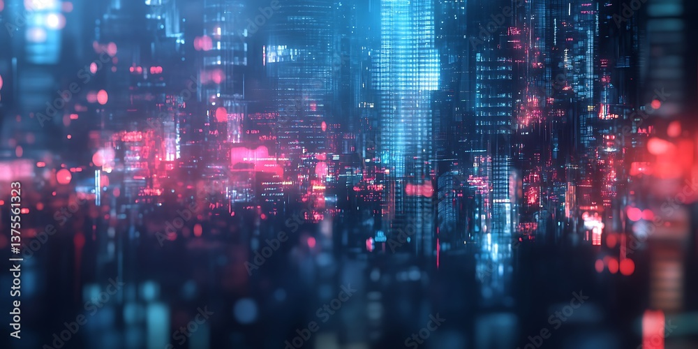 Blurred Glowing City Skyline at Night with Vibrant Lights Blurred Glowing City Skyline at Night with Vibrant Lights