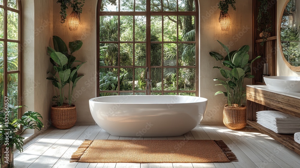 Fototapeta premium Tranquil Bathroom Oasis: Bathed in natural light, a luxurious bathtub beckons within a spa-like bathroom, seamlessly blending indoor comfort with the lush serenity of the outdoors.
