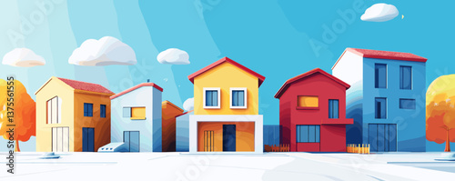 Colorful residential neighborhood with modern houses in wintertime under clear blue sky, vector.