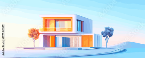 Modern minimalist house with trees in pastel landscape, summer vibes – vector.