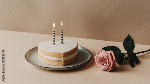Heart-shaped birthday cake with two candles and a pink rose